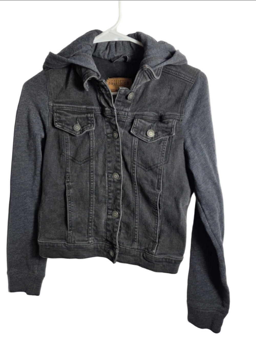 Women's Hollister Jean Jacket S Black Grey Hooded Denim Goth Punk Streetwear y2k